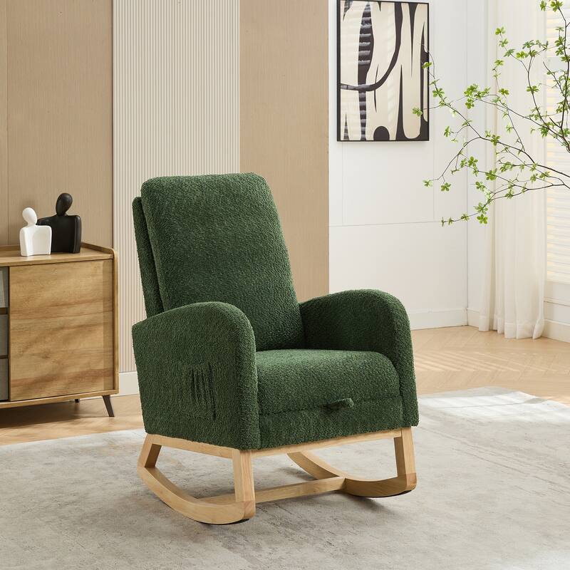25.4"W Rocking Chair, High Back Glider Chair with Retractable Footrest, Side Pocket, Accent Armchair with Rubber Wood Legs - Green