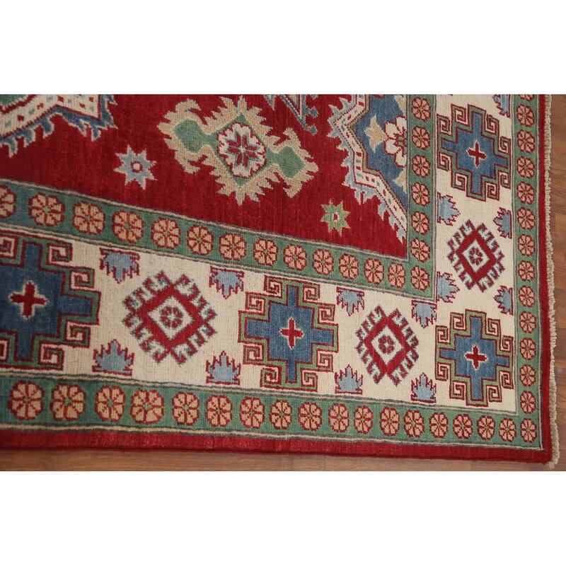 Hand Knotted Oriental 100% Wool Carpet Traditional Geometric Red Kazak Area Rug - 9' 10'' X 6' 8''