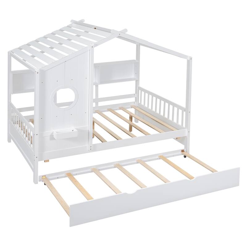 Wooden Platform Bed with Trundle & Storage Shelf