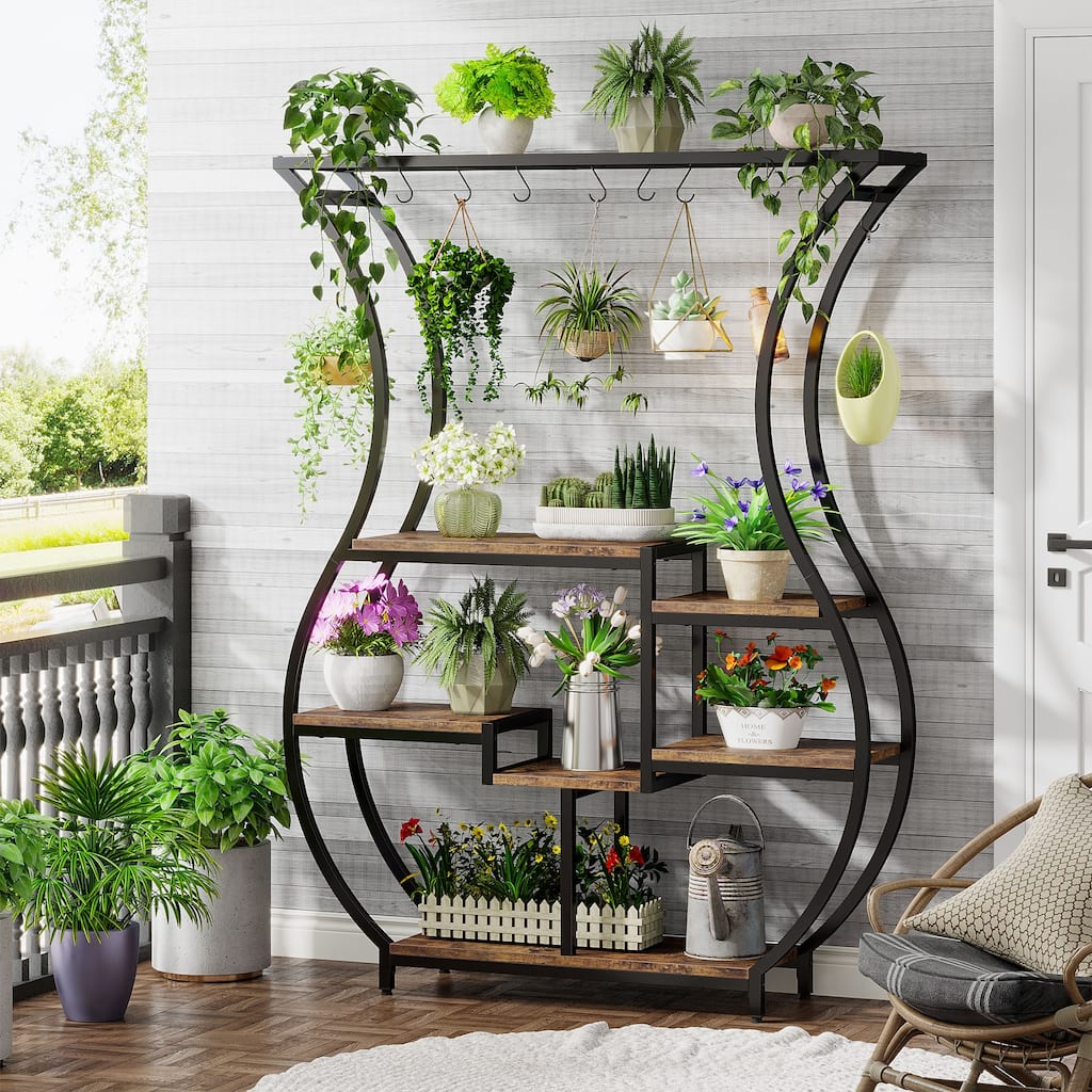 6 Tier Metal Plant Stand, 71 Inch Tall Plant Shelf with 10 Hanging Hooks - 47.2” W*11.8” D*70.9” H