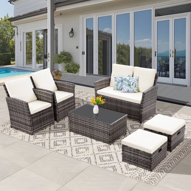 6pcs Wicker Patio Conversation Set Seating Loveseat Sofa with Ottomans - Beige