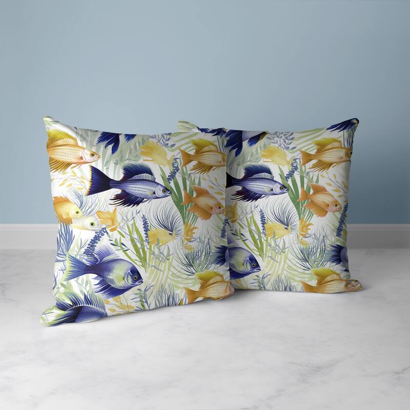 Fish paradise Faux Suede Reversible Throw Pillow Gold and Blue