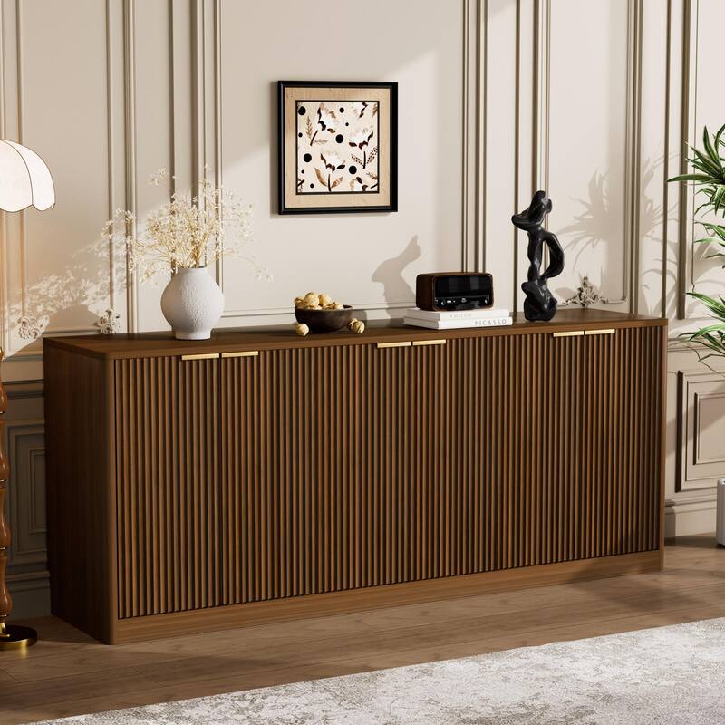 Modern 67" Fluted Buffet Sideboard Cabinet with Shelves, TV Stand Storage Cabinet with 4 Wave Doors for Organized Living Spaces