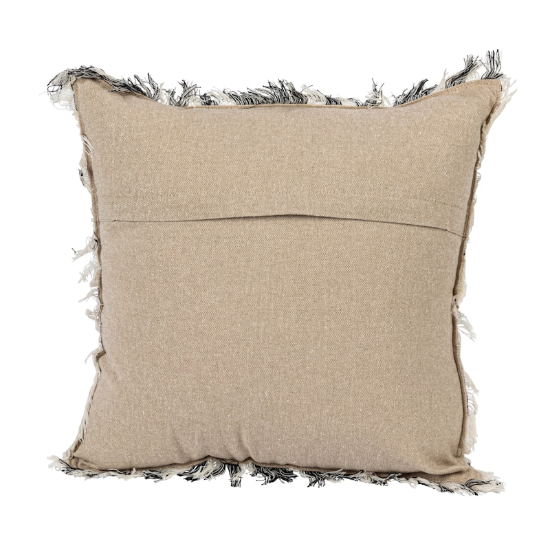 Woven Cotton Pillow with Geometric Pattern, Chambray Back, and Fringe