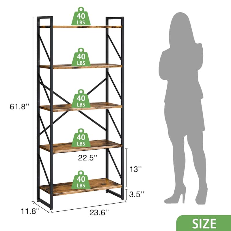 H-Shaped 5-Tier Storage Bookcase, 62.2" Tall Standing Bookshelf with Adjustable Feet