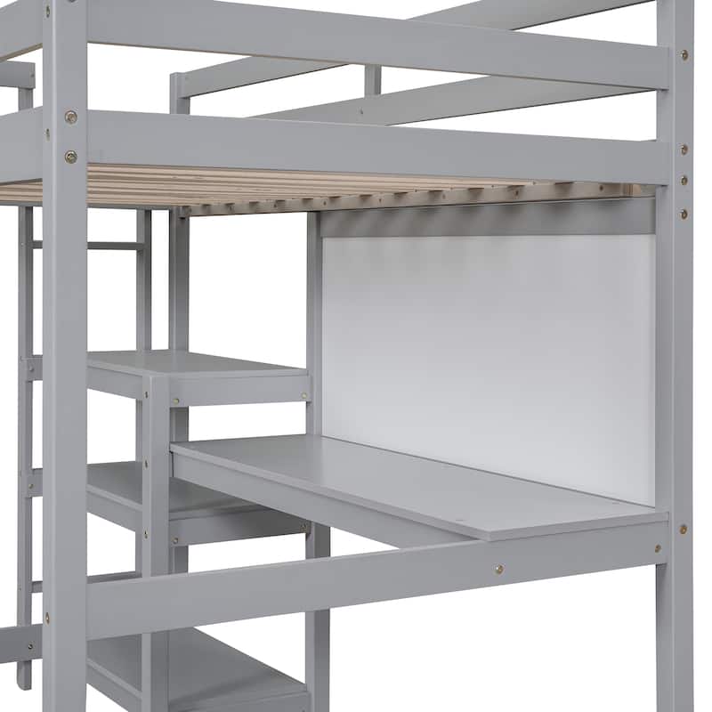 Gray Wooden Loft Bed with 3-Layer Shelves, Desk, and Writing Board, Full-Length Guardrail