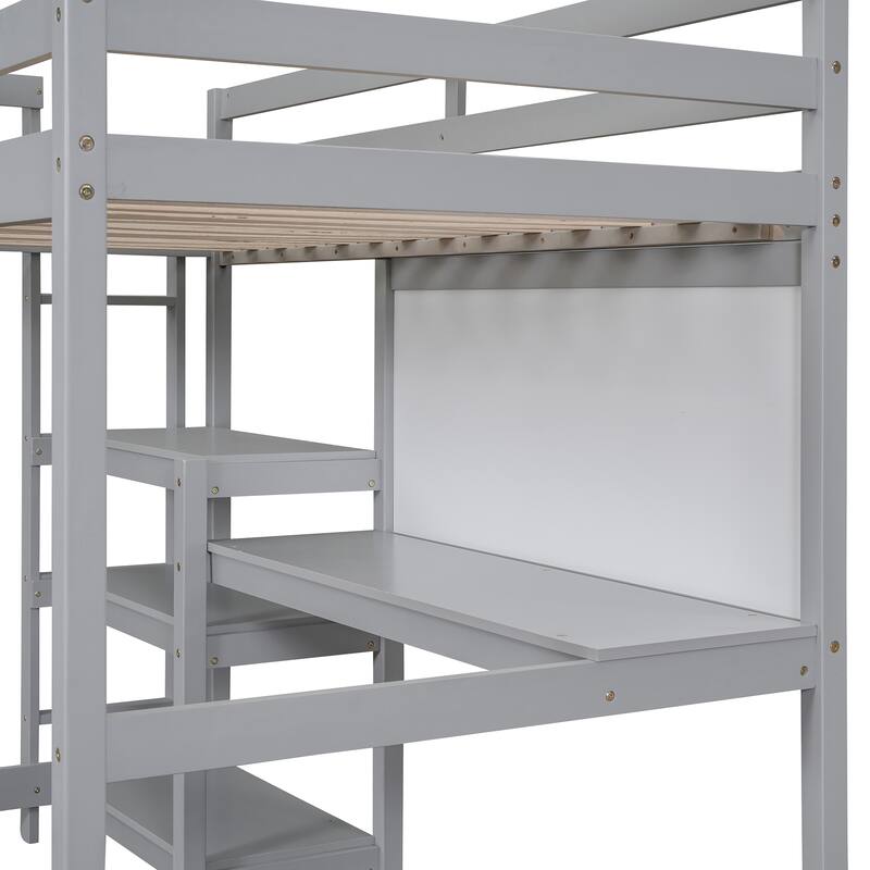 Wooden Twin/Full Size High Loft Bed with Built-in Desk and Shelves