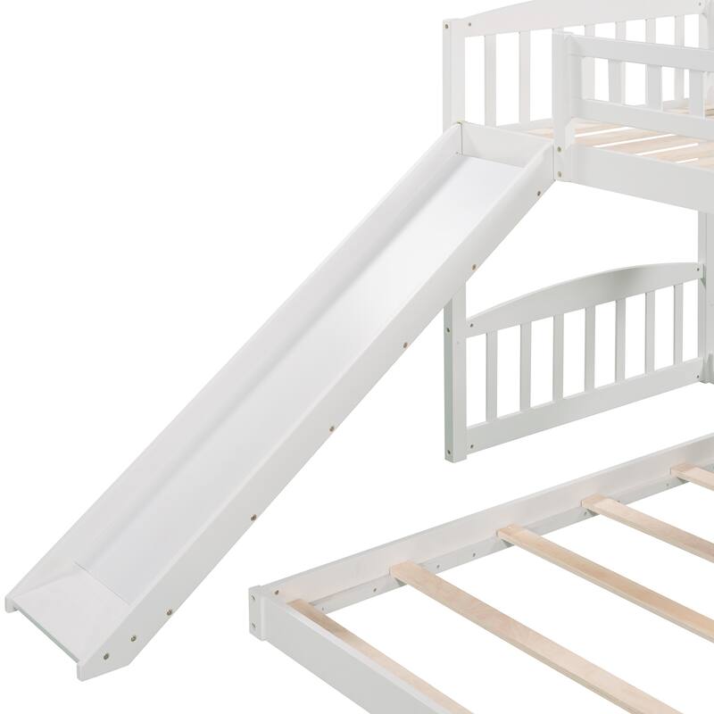 Wood Twin Over Twin Bunk Bed Frame w/Slide, Ladder & Safety Guardrails