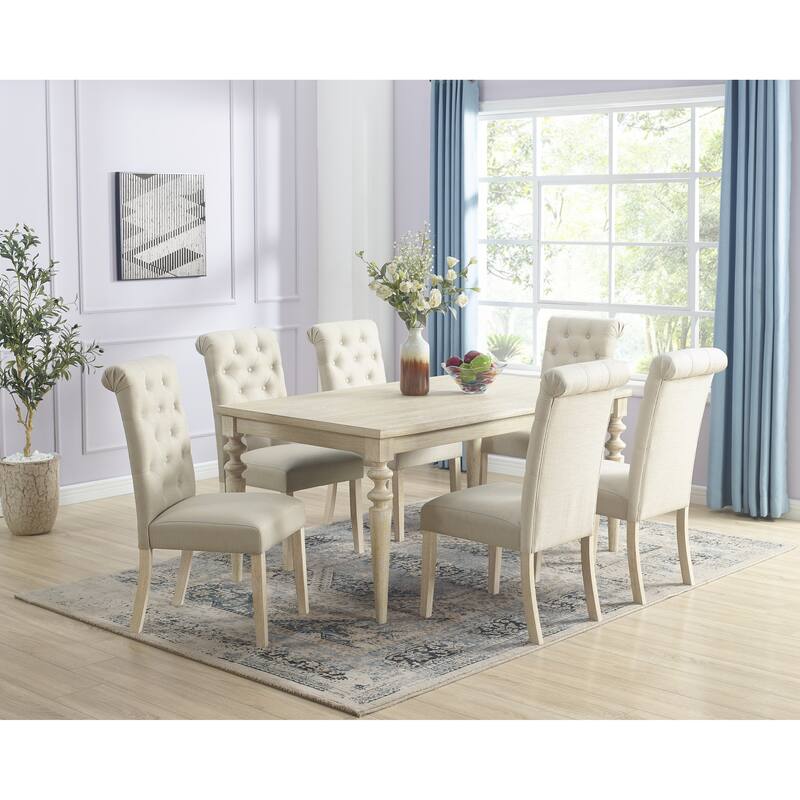 Roundhill Amonia 7-piece Dining Set, Turned-Leg Dining Table with 6 Tufted Chairs - Tan