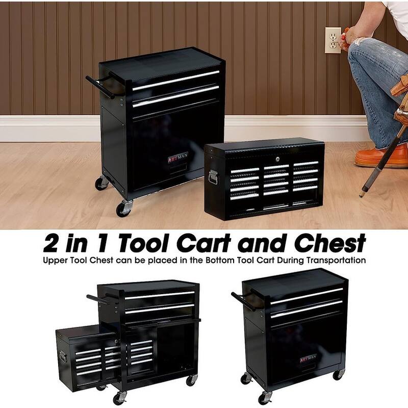 Tool Chest Box Combo with 8 Drawer 24"W, Rolling Tool Storage Cabinet