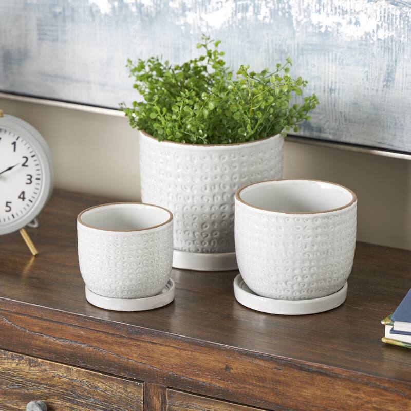 Ceramic Abstract Circle Patterned Indoor Outdoor Planter with Brown Accents and Base Tray - Set of 3 White - Roche River Decor