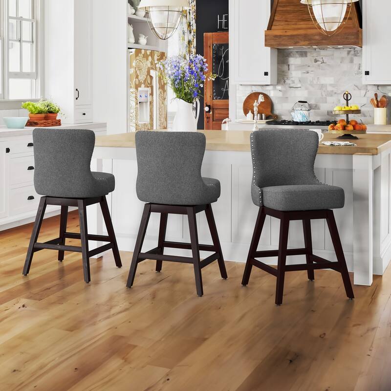 26 in. Mid-Century Modern Swivel Bar Stools Faux Leather and Linen Counter Stools with Wood Frame（Set of 3） - 20"W x 20"D x 39"H - Dark Grey-Linen