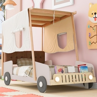 Full Size Solid Wood Car Bed with Included Headboard, Pillow, Ceiling Cloth, and LED Lights for Added Charm