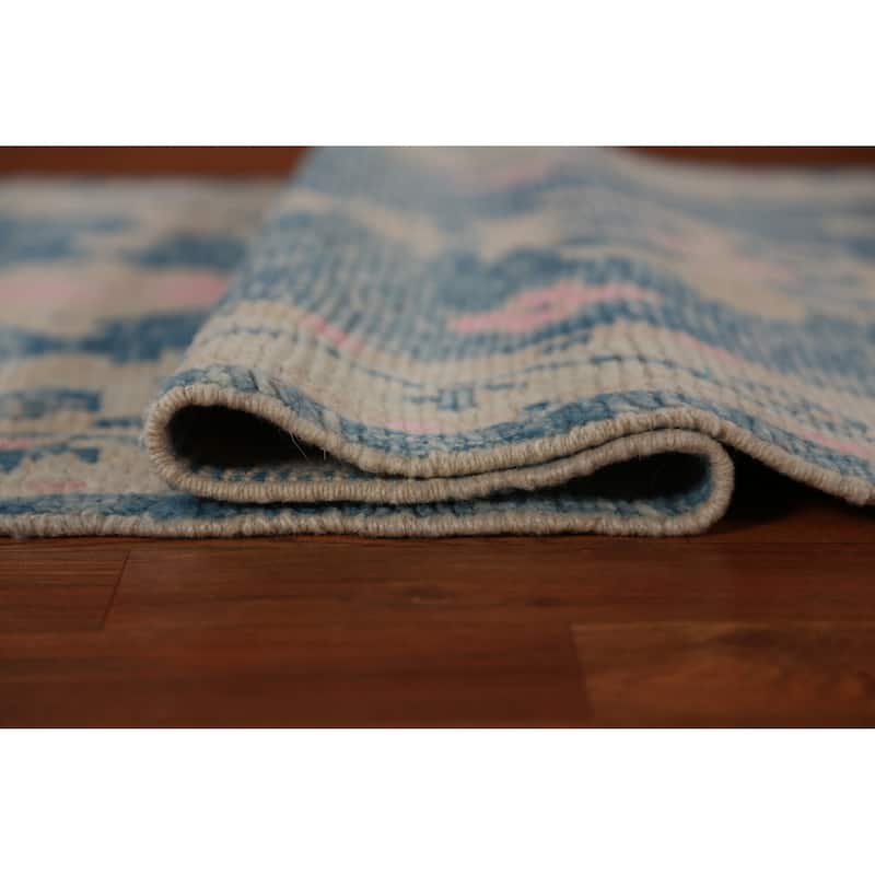 Hand Knotted Oriental 100% Wool Carpet Transitional Geometric Navy Blue & Blues Oushak Runner Rug - 9' 4'' X 3' 0''