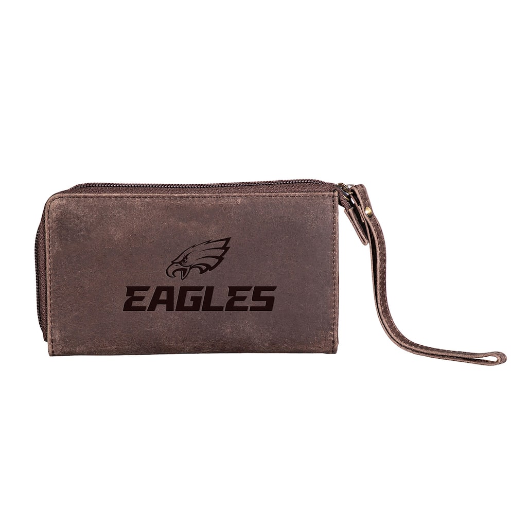 Brown Leather Cell Phone Wristlet Wallet, Philadelphia Eagles - 4" x 7"