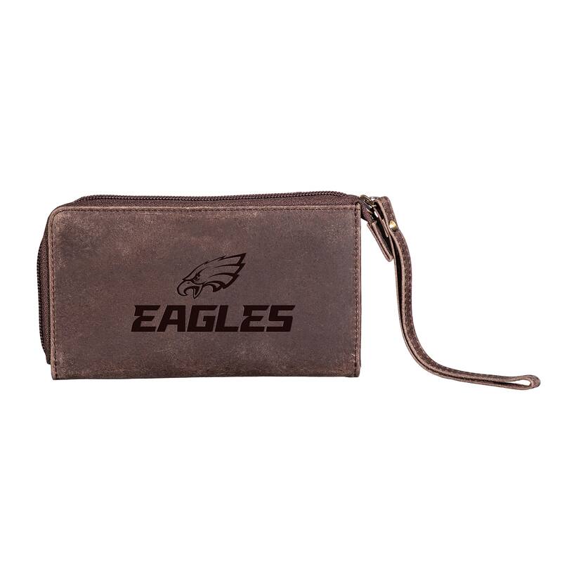Brown Leather Cell Phone Wristlet Wallet, Philadelphia Eagles - 4" x 7"