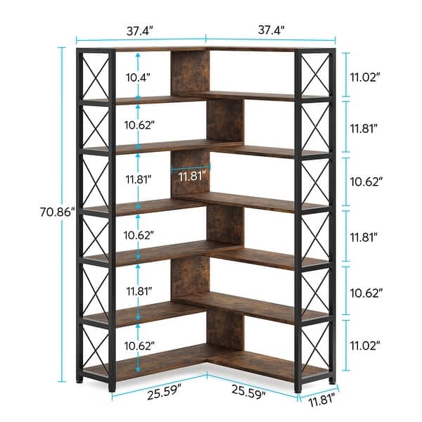 6Tier Corner Bookshelves, Industrial Corner Etagere Bookcase, Open