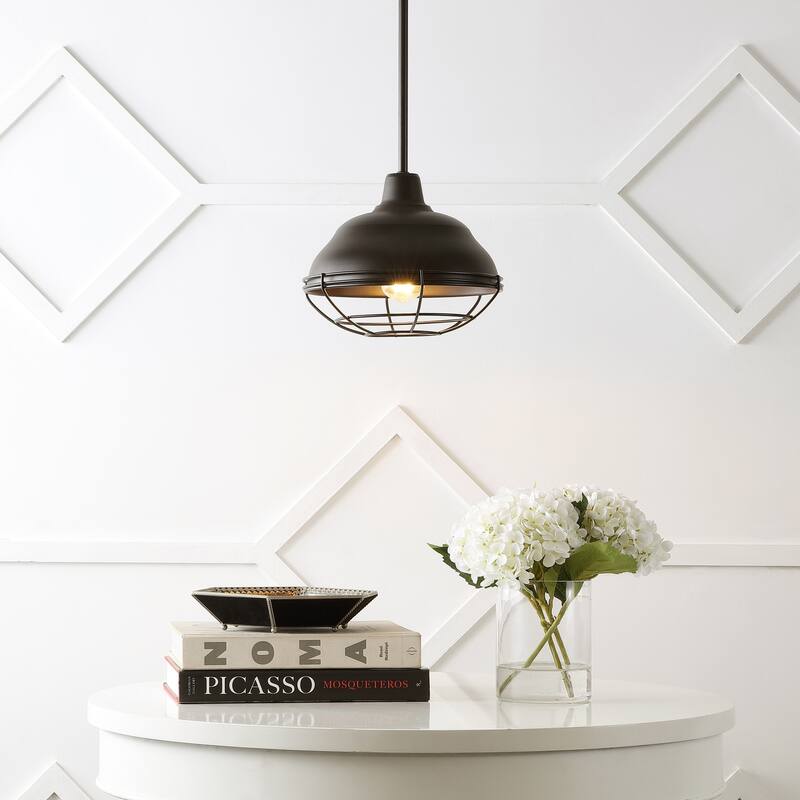Cora 10.38" 1-Light Industrial Farmhouse Iron LED Pendant, Oil Rubbed Bronze by JONATHAN Y