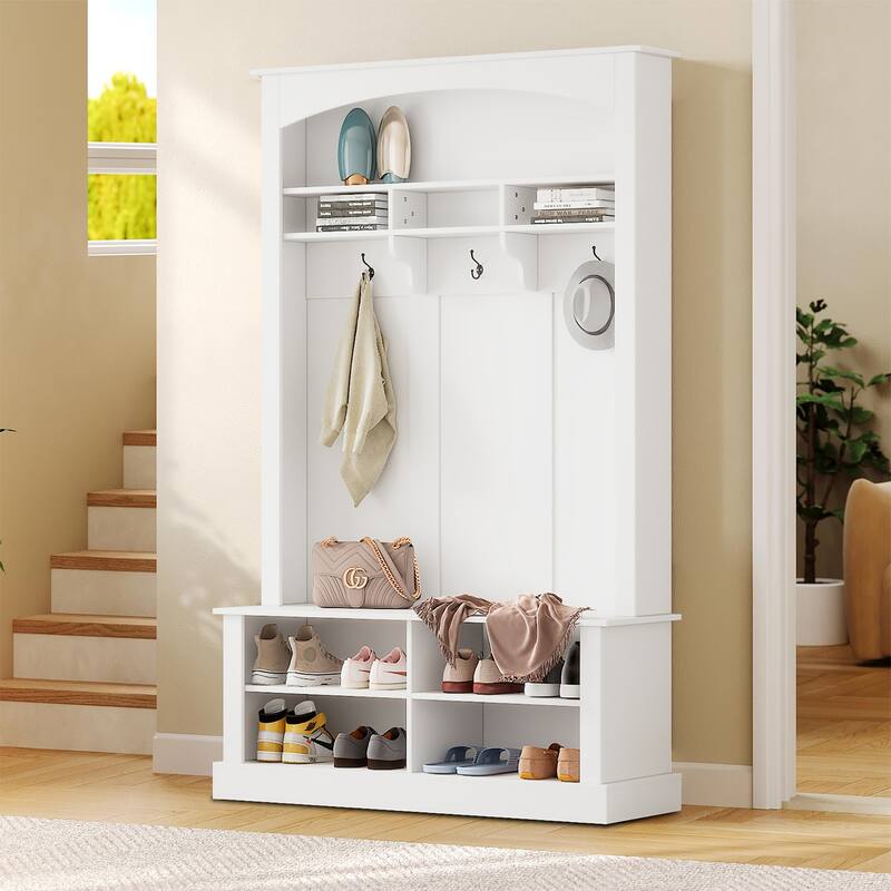 Modern Elegant Freestanding Tall Hall Tree with Open Storage Spaces - White