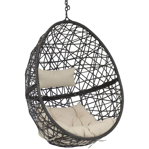 Caroline Hanging Basket Egg Chair Swing- Resin Wicker - Beige Cushions