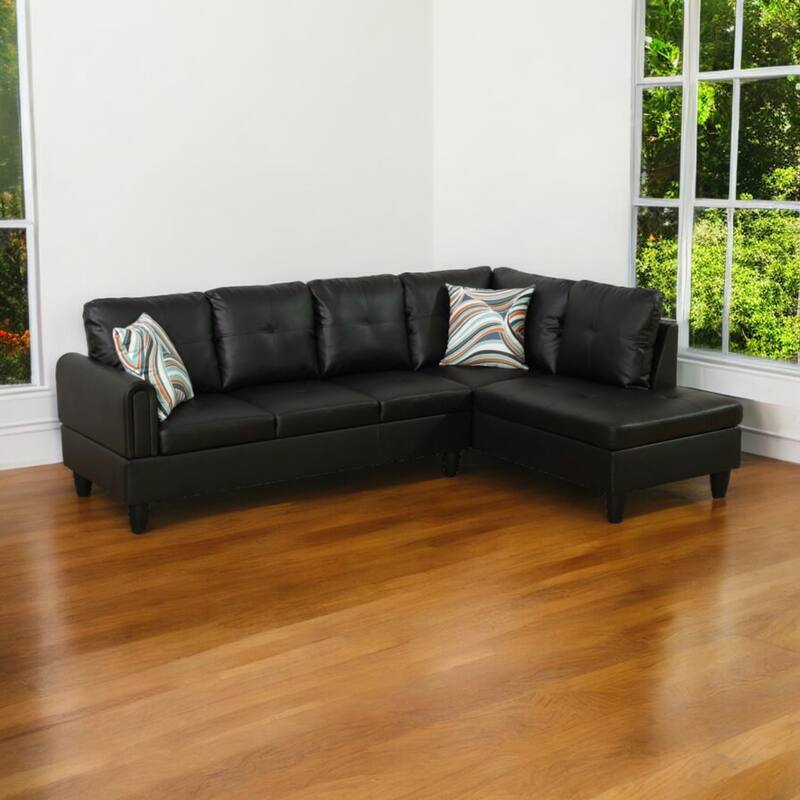 KISRAIS 97" Wide 2-Piece Vegan Leather Sectional Sofa Set without Ottoman for Small Space - Black - Right Facing