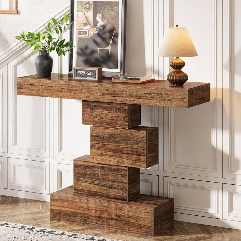 Modern 42-Inch Sofa Table with Rustic Wood Grain Finish and Geometric Base for Hallway or Living Room
