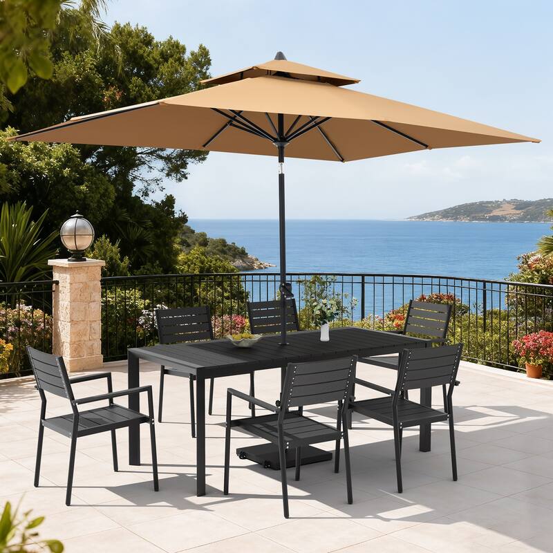 Set of 9 Outdoor Patio Dining Set WoodLike Aluminum Umbrella Hole Table with Stackable Armchairs, Double Top Market Umbrella Set - BlackTable&BlackChairs&TanUmbrella