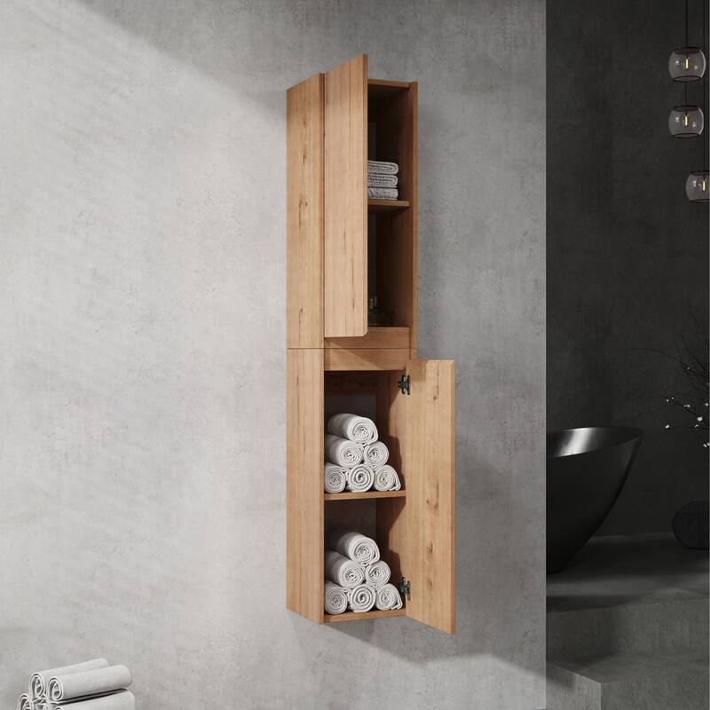 Modern Wall-Mounted Bathroom Side Cabinet with Soft-Close Doors, Floating Design, 6 Storage Compartments, 12-Inch Width - 11.81X29.5 in 12"lmitative Oak-SC00112*2 - Imitative Oak + Plywood