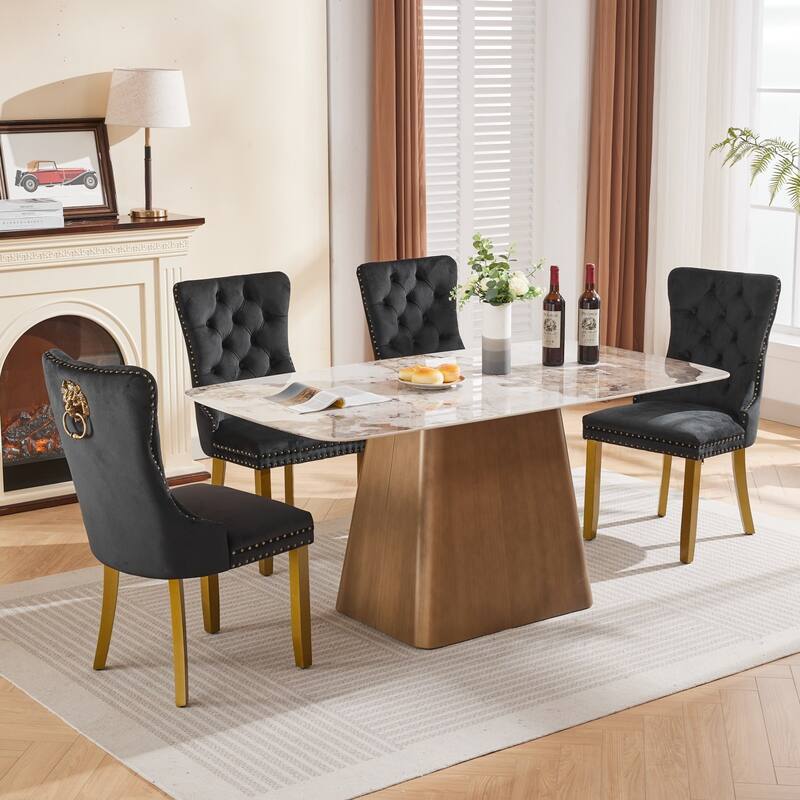 Velvet Dining Chairs Set of 2, Tufted Dining Chairs with Nailhead Trim, Kitchen Chairs with Lion Head Pulls Ring & Wooden Legs