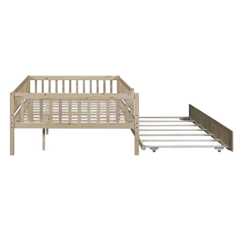 Wooden Twin/Full Daybed with Trundle and Fence Guardrails, No Box Spring Needed