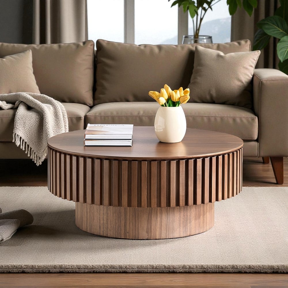 31.49'' Modern Round Coffee Table with Storage, Small Pedestal Coffee Table for Apartment or Living Room