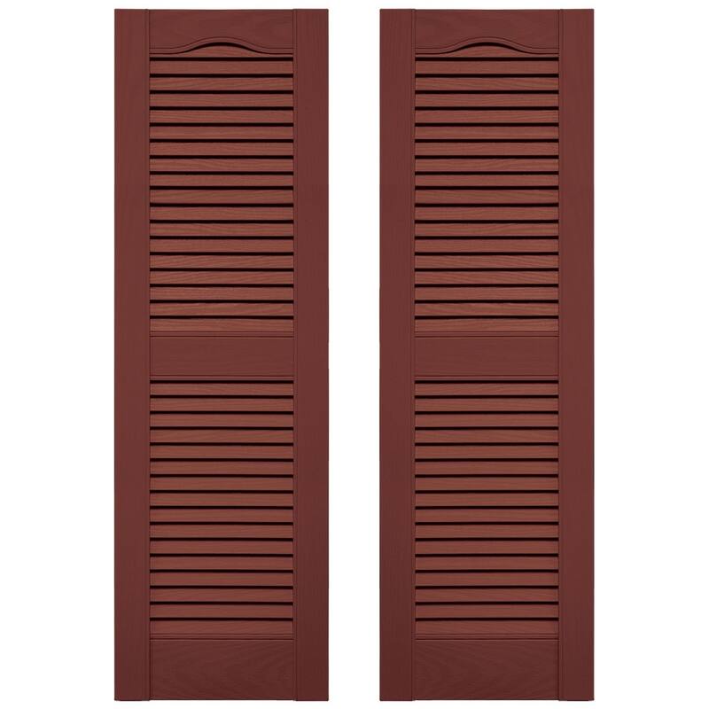 Builders Edge, Standard Cathedral Top Center Mullion, Open Louver Shutters, Includes Matching Installation Spikes (Per Pair) - 14.5"W x 67"H - 027 - Burgundy Red