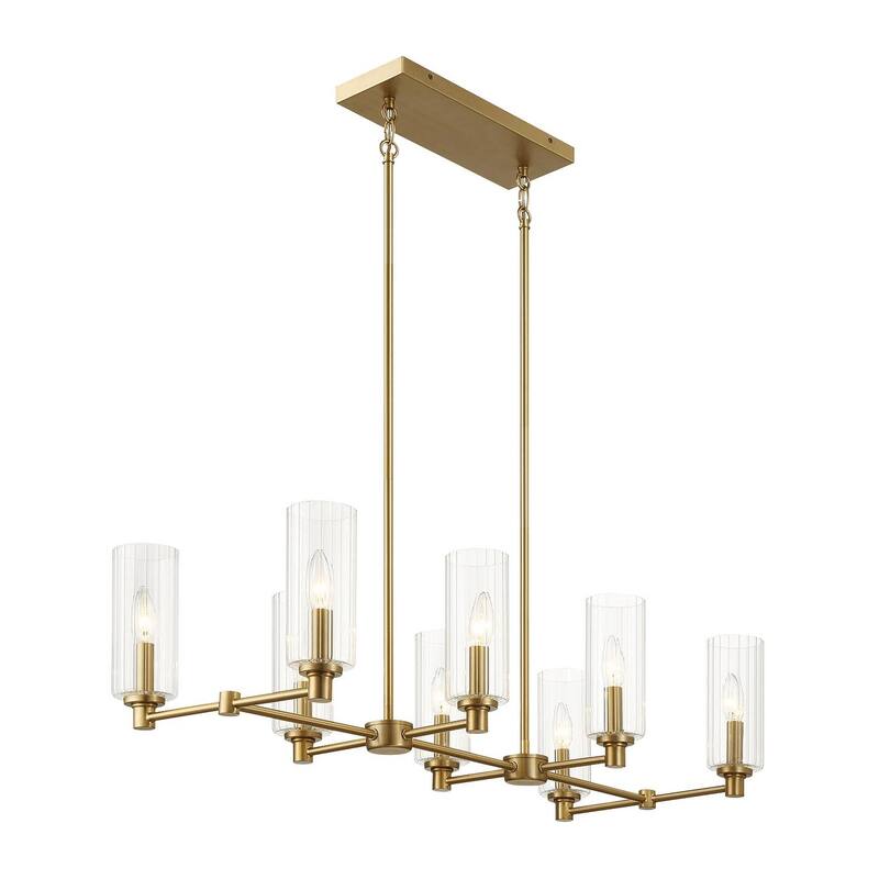 Eight Lights Island With Clear Ribbed Glass Pendant Lamp - Satin Brass