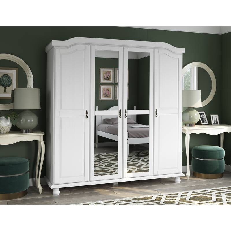 100% Solid Wood Kyle 4-Door Wardrobe Armoire by Palace Imports - White-Mirror
