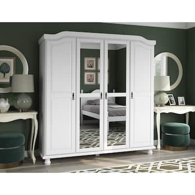 100% Solid Wood Kyle 4-Door Wardrobe Armoire with Mirrored Doors