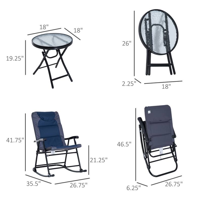 Patio Furniture Set with Glass Coffee Table & 2 Folding Rocking Chairs