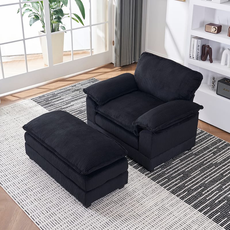 56.3 Inch Corduroy Single Deep Seat Sofa Chair With 2 Toss Pillows and a Ottoman
