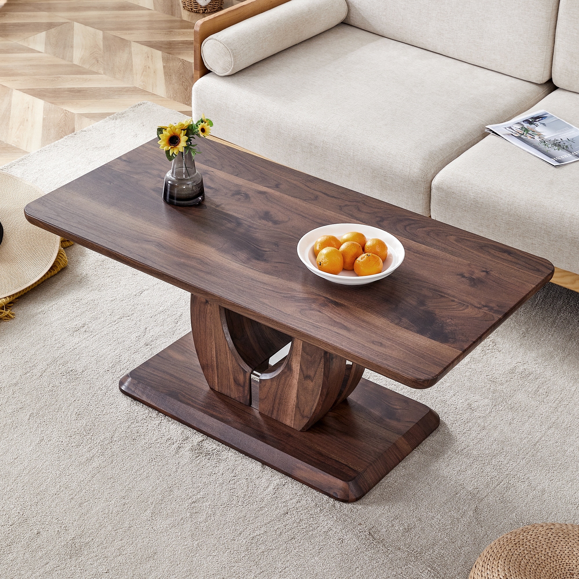Roomfitters Walnut MDF Coffee Table with Dark Brown Texture, Rectangular Minimalist Side Table for Cozy Interiors, Walnut