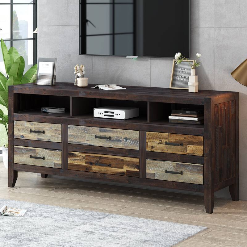 64" Distressed Wood TV Stand, 6 Drawer Storage & 3 Shelves, Cable Management - Farmhouse Style - Brown