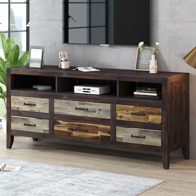 Vintage Wooden TV Stand for 65" TVs, Distressed Entertainment Center with 6 Drawers & 3 Shelves, Cable Management Included
