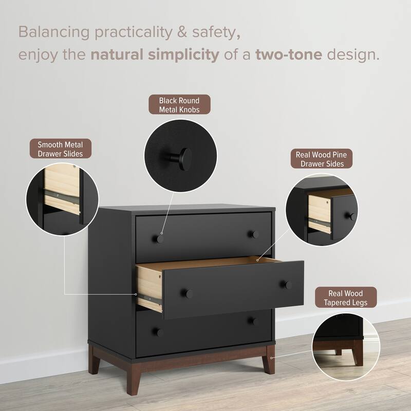 Prepac Nordik 26.5" W Nightstand Bedside Table, Black & Cherry Nightstand for Bedroom, End Table with 3 Drawers