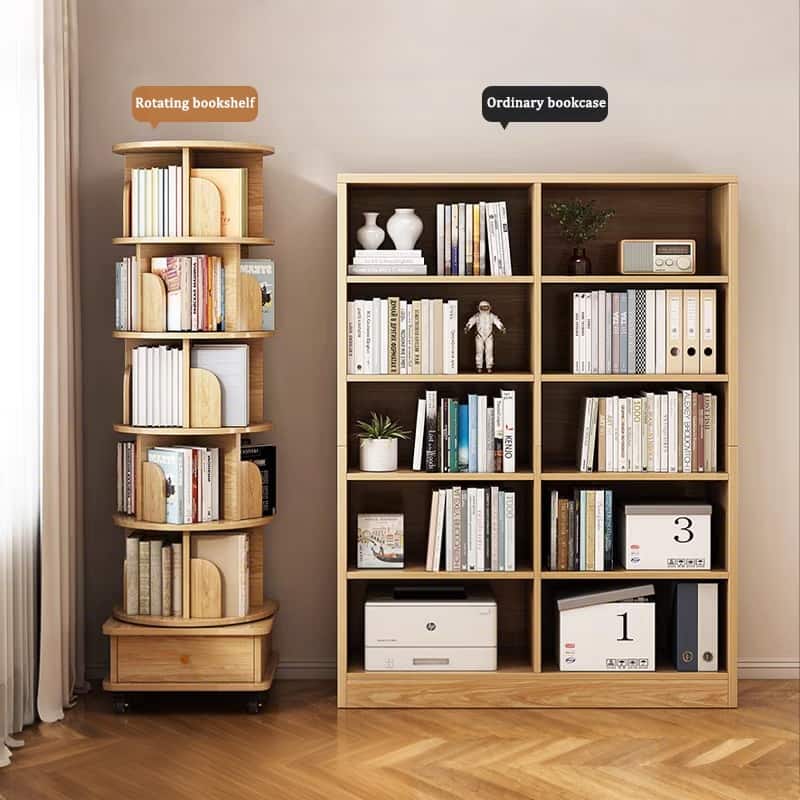 GDF Studio - Purling Modern 6-Tier Wood 360-Degree Rotating Bookshelf with Drawer Storage