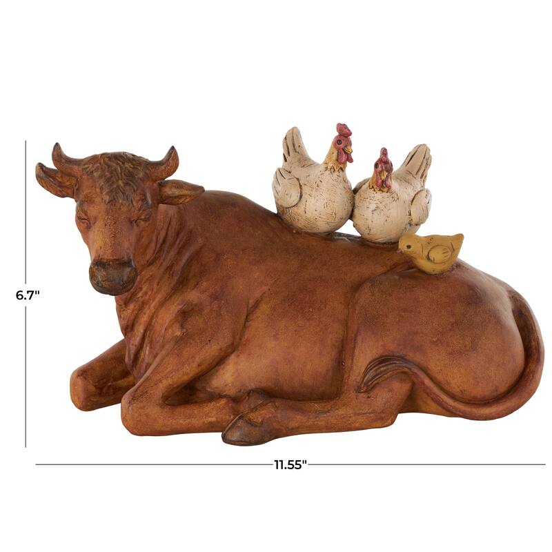 Polystone Cow Decorative Sculpture with Sitting Roosters and Chicks - Copper or Cream
