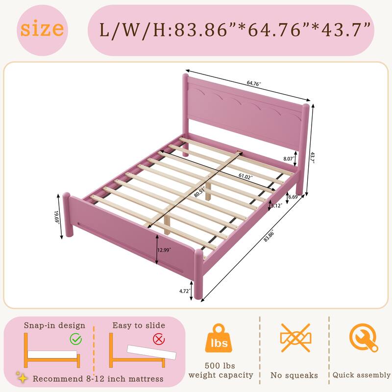 Queen Size Pink Wood Platform Bed with Headboard, Solid Wood Legs, 10-Slat Mattress Foundation, No Box Spring Needed