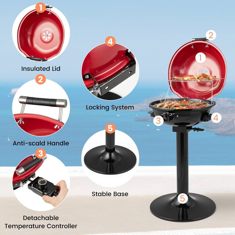 SUGIFT 1600W Electric BBQ Grill with Removable Non-Stick Warming Rack, Red