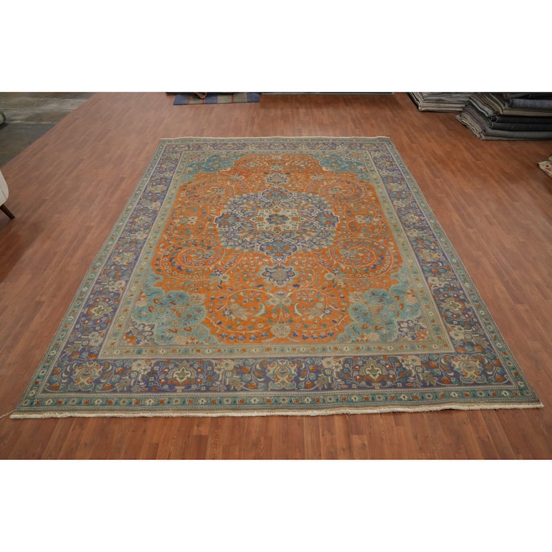 Hand Knotted Oriental 100% Wool Carpet Traditional Floral Oranges & Rust Tabriz Area Rug - 13' 0'' X 9' 10''