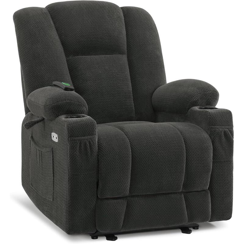 MCombo Electric Power Recliner Chair with Massage & Heat, Plush Fabric 8015 - Grey