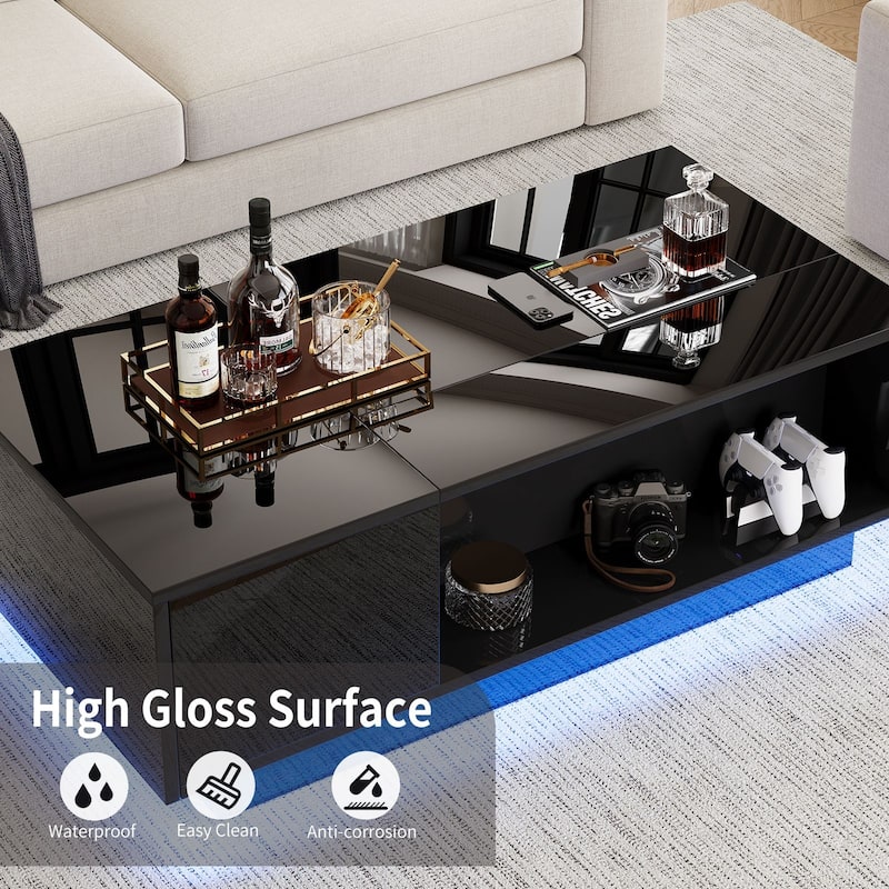 47" LED Lift Top Coffee Table with Charging Station, Hidden Storage & 7-Color Lights, Modern High Gloss Center Table