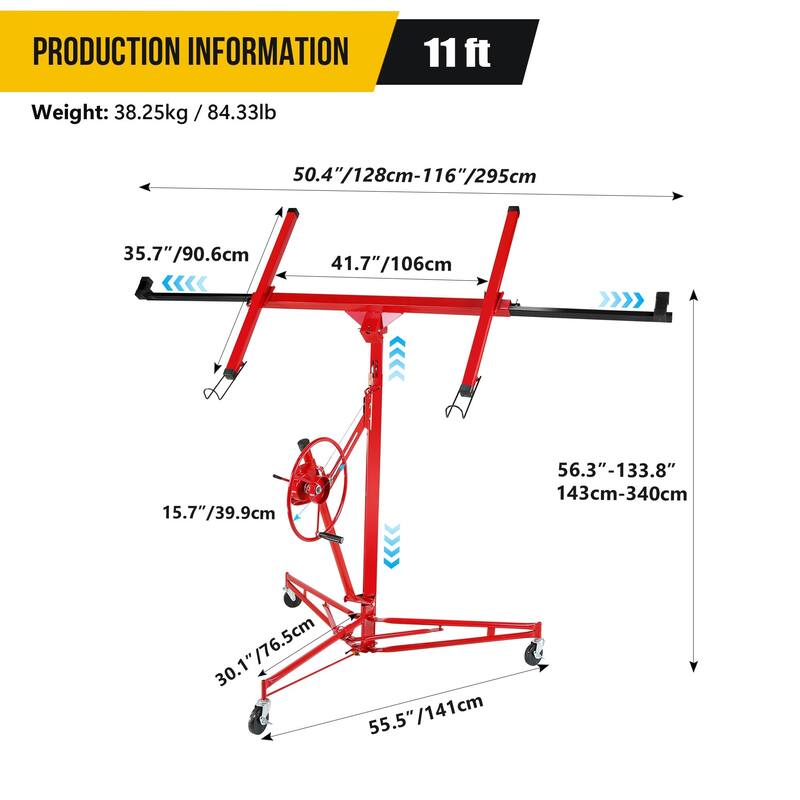 Drywall Lift 11FT, 150lb Capacity Heavy Duty Sheetrock Hoist w/Telescopic Arm & Locking Wheels, Steel Panel Lifter
