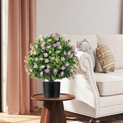 Set of 2 Artificial Boxwood Topiary Ball Tree Potted Tree w/ Flowers